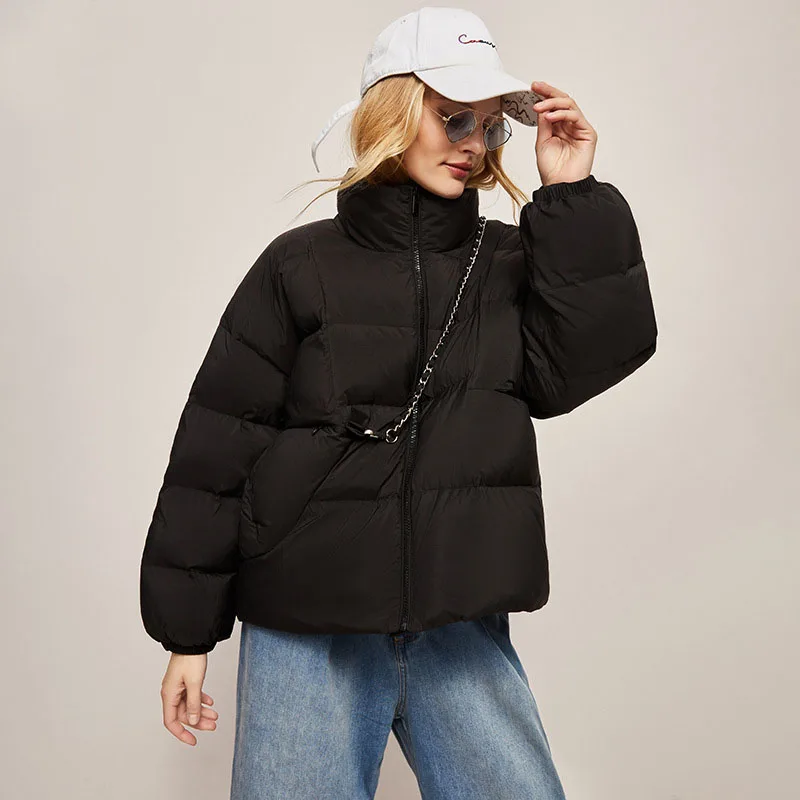 Short Down Jacket Women Winter Loose Basic Metal Chain All-match Girl Jackets Cold Resistance Durable White Duck Bread Soft Coat
