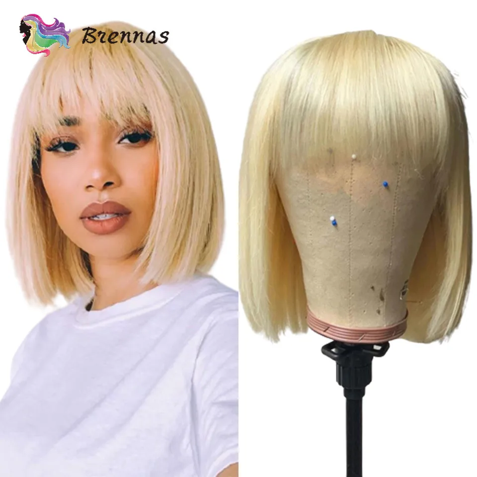 Straight Short Bob Wig With Bangs #613 Peruvian Full Machine Made Glueless Blond Straight Human Hair Bob Wigs For Women 8-16inch