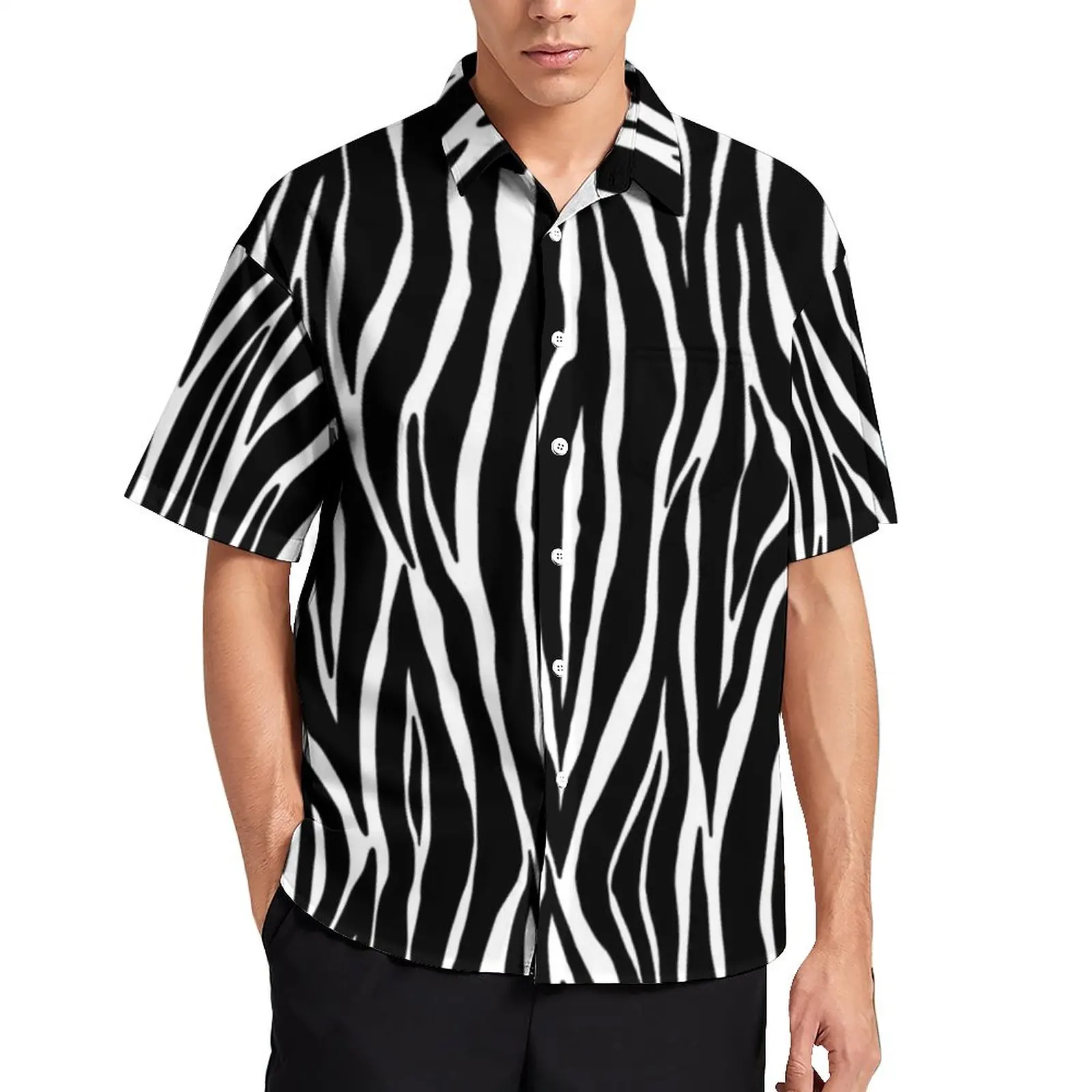 

Zebra Print Loose Shirt Men Beach Black And White Stripes Casual Shirts Hawaiian Graphic Short-Sleeve Fashion Oversized Blouses