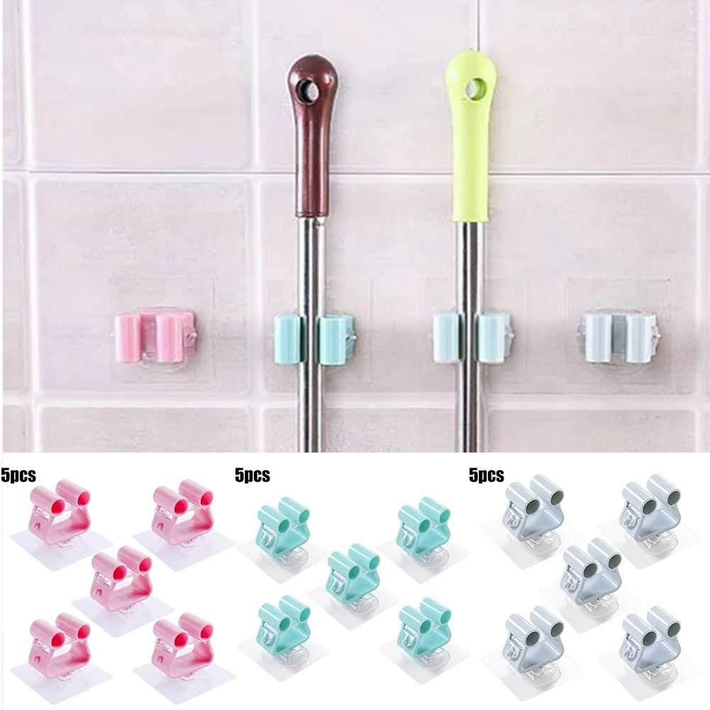 

5 Pcs Wall Mounted Mop Organizer Holder Brush Broom Hanger Home Storage Rack Bathroom Suction Hanging Pipe Hooks Household Tools