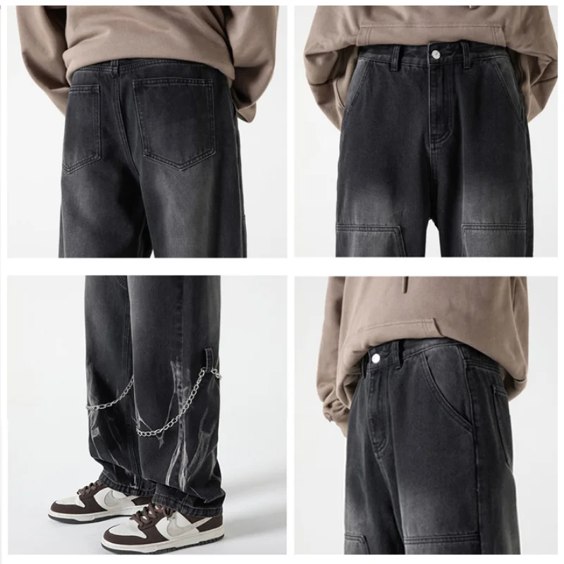 DEEPTOWN Y2K Designer Jeans Men Punk Hip Hop Streetwear Denim Straight Pants Black Loose Casual Trousers Male Japanese Spring
