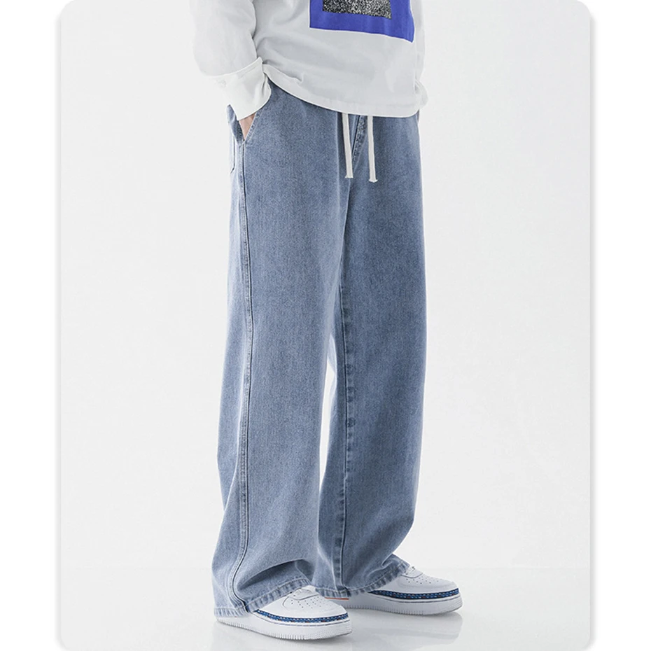 Men's Korean Fashion Loose Jeans Black Blue Casual Denim Pants Elastic Waist Baggy Jeans Pants