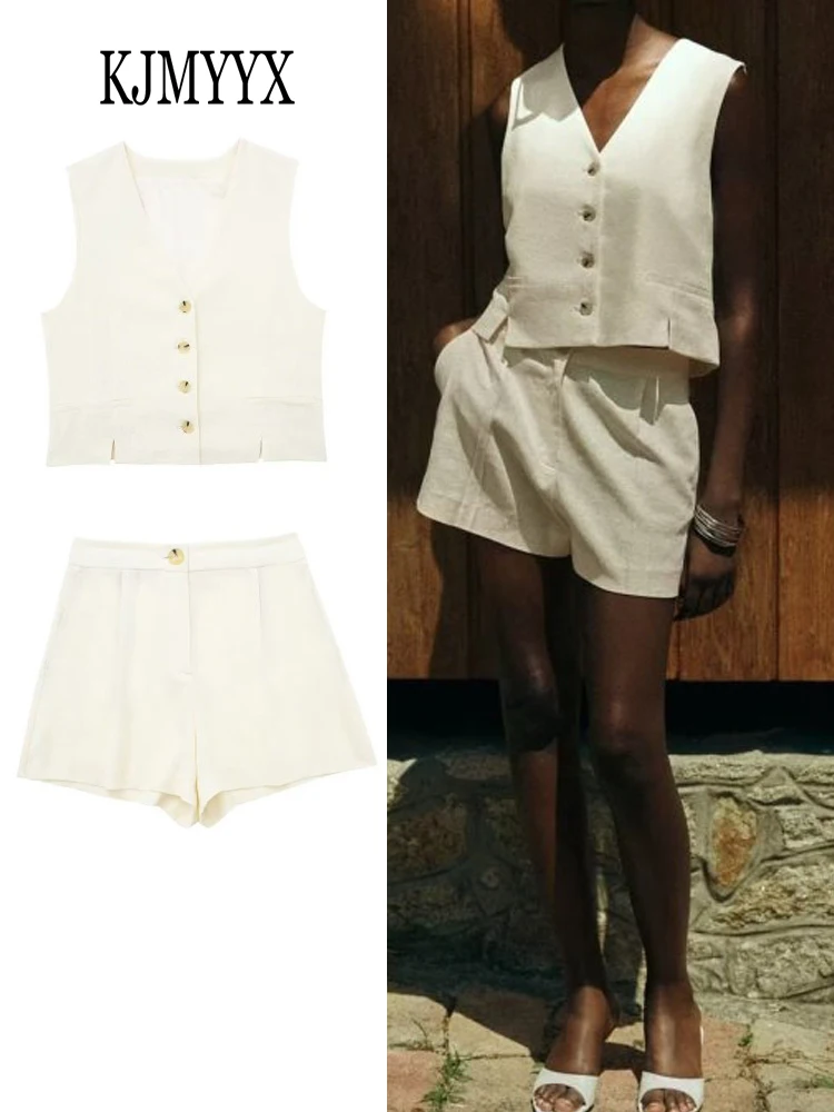 

KJMYYX 2 PCS Shorts Sets Summer Women Fashion Front Button Waistcoat Vintage V Neck Sleeveless Linen Female Chic Vest Tops