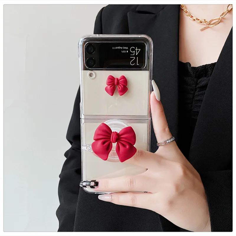 

Cute Red Bow Bracelet Phone Holder Case For Samsung Galaxy Z Flip 3 ZFlip 5G Girl Transparent Fundas For Huawei P50 Pocket Case