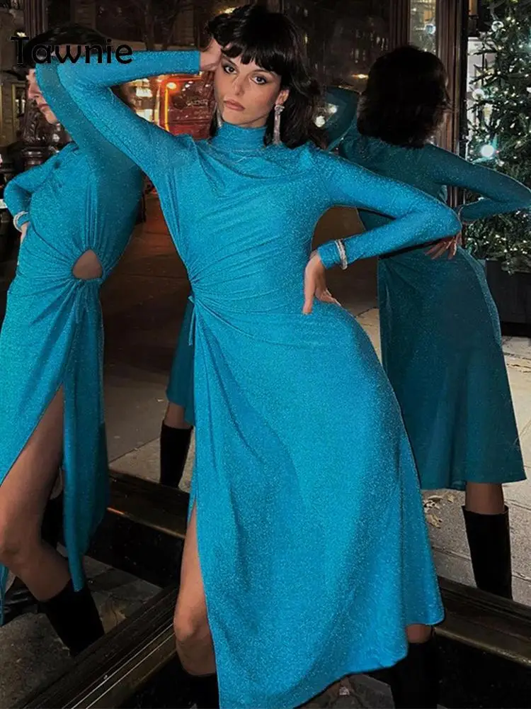 

Tawnie 2022 Autumn Turtleneck Long Sleeve Maxi Dress Women Sexy Cut Out Evening Party Long Dresses Club Bodycon Outfits Vestido