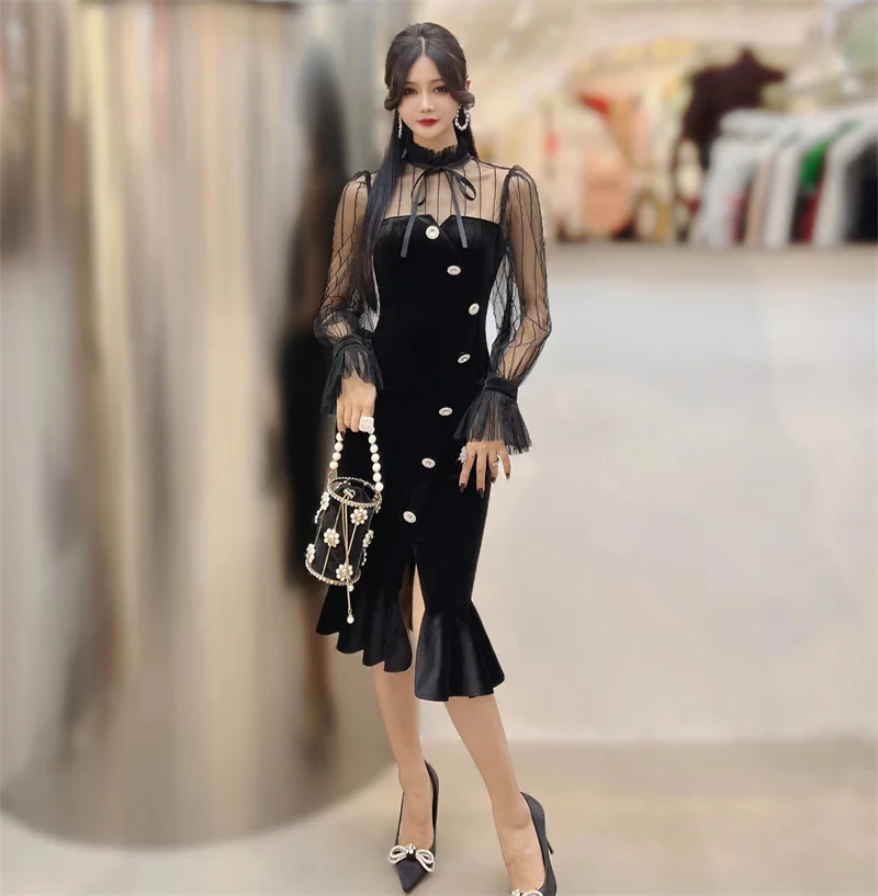 

Red Velvet Diamond Button Fishtail Dress Women Luxury Sexy See-Through Mesh Patchwork Black Slim Split Dress Elegant Party Dress