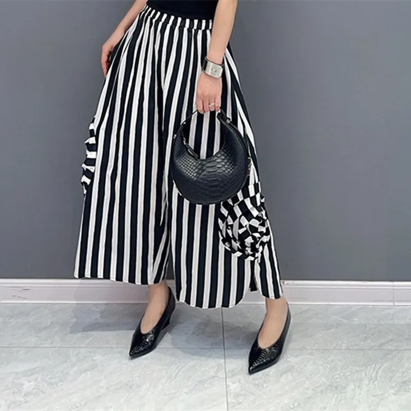 

Women Elgant Summer Wide Leg Trousers Elastic Waist Stripe Pants Casual AnkleLength Pants Pantalones anchos de verano para mujer