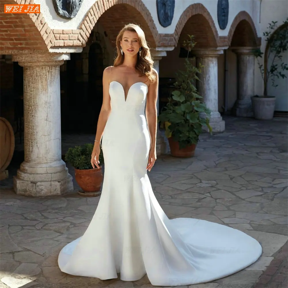 

Женское атласное платье со шлейфом WEIJIA, простое свадебное платье без рукавов в форме сердца с пуговицами на спине, одежда для вечеринки
