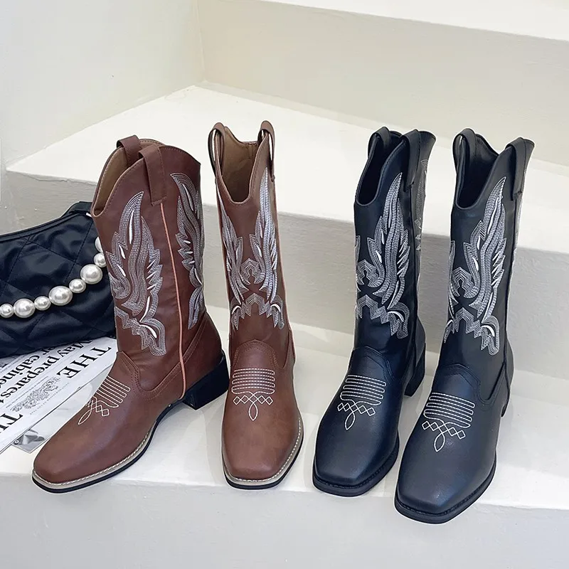 

Женские кожаные ботинки в западном стиле ретро, ботинки ручной работы до середины икры, с квадратным носком, без застежки, на платформе, Ytmtloy,...