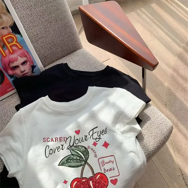 Модные хлопковые женские футболки с ручным принтом вишни топы большого размера