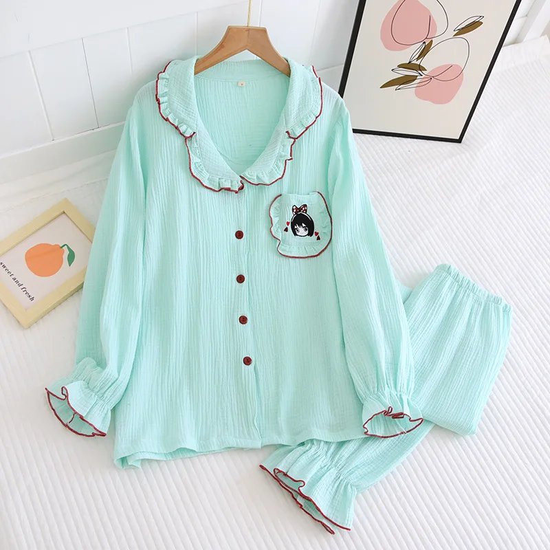 Spring Girls Pajamas Set Women Fungus Lapel Cotton Crepe Nightwear Pocket Lace Cute Thin Long-sleeved Pants Home Clothes Pijama