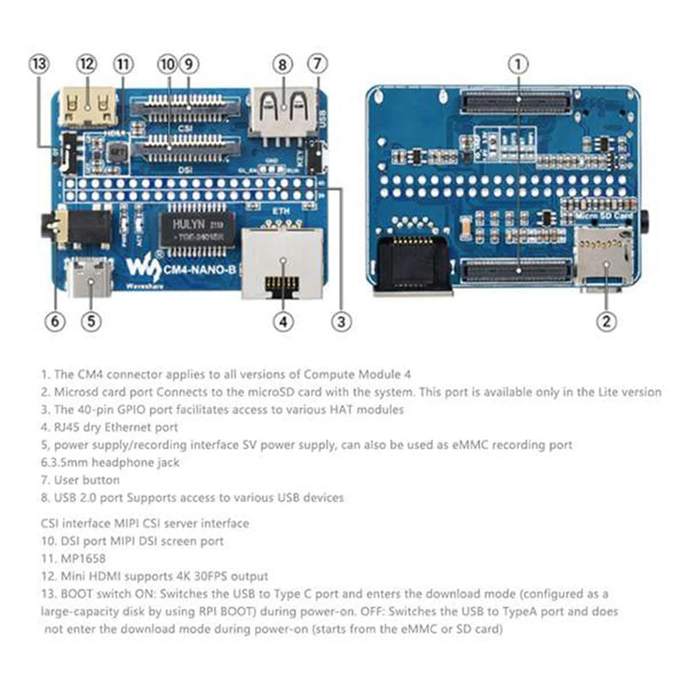 

Плата расширения Waveshare для Raspberry Pi CM4-NANO-B для компьютерного модуля 4 Lite/EMMC