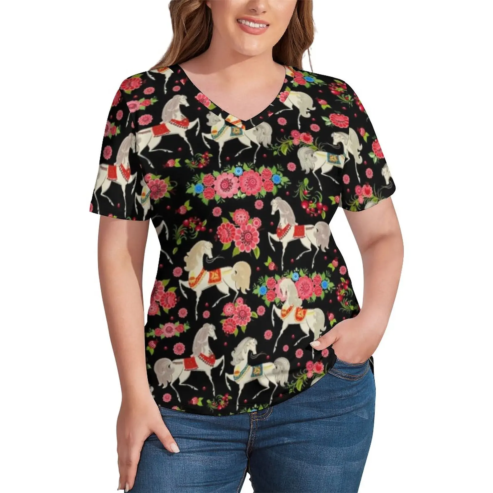 

Floral Horse T-Shirts Animal Lover Horses Cool Funny V Neck Street Fashion Oversized T Shirt Short-Sleeve Lady Cute Tee Shirt