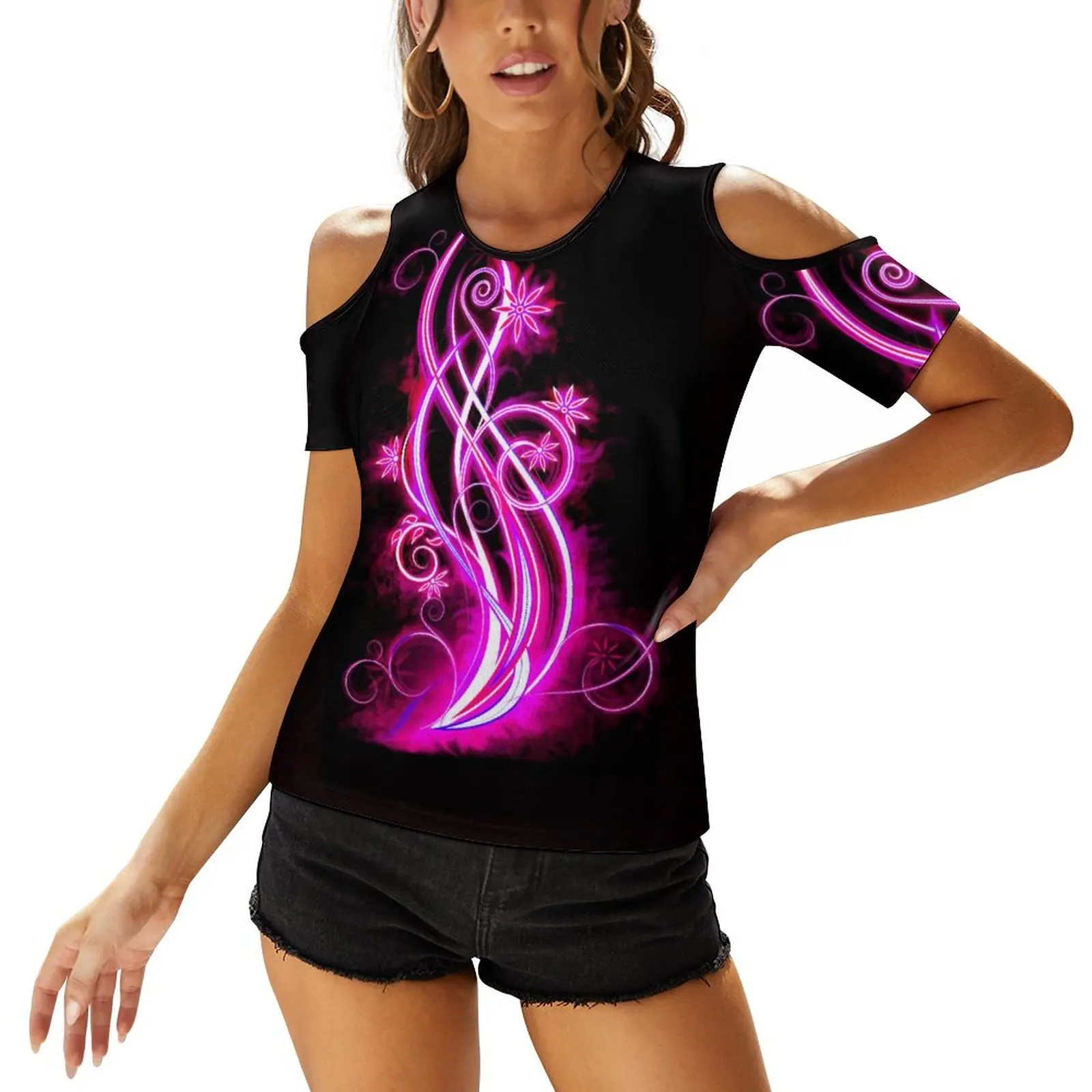 

Women's Fashion Off Shoulder Short Sleeve Tee Glow Leaves Flowers Print Woman Clothes Casual Women's Top With Sleeves