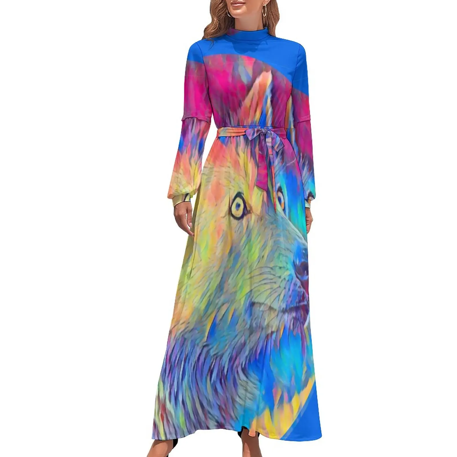 

Wolf Lovers Dress Long Sleeve Colorful Animal Cute Maxi Dress High Waist Casual Design Beach Long Dresses Birthday Present