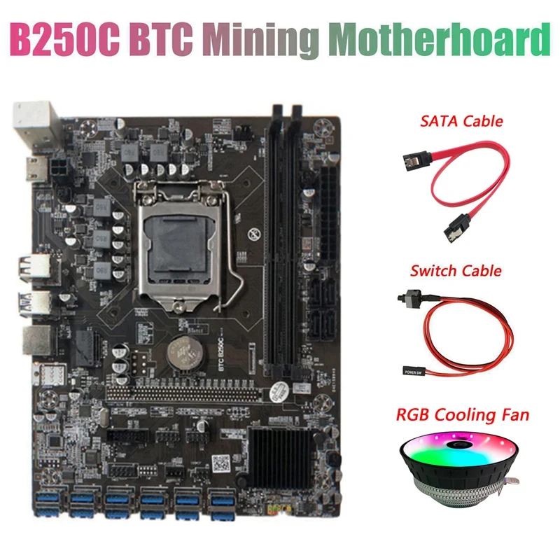 

BTC B250C Mining Motherboard With RGB CPU Fan+Switch Cable+SATA Cable 12 PCIE To USB3.0 GPU Slot LGA1151 Support DDR4