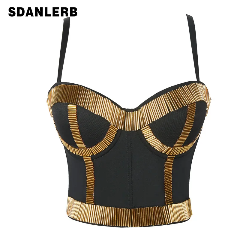 

Golden Tube Beads Stage Costume KTV Chest-Wrapped Corset Nightclub Clothing Female Singer Party Bra Sexy Outer Wear Sling