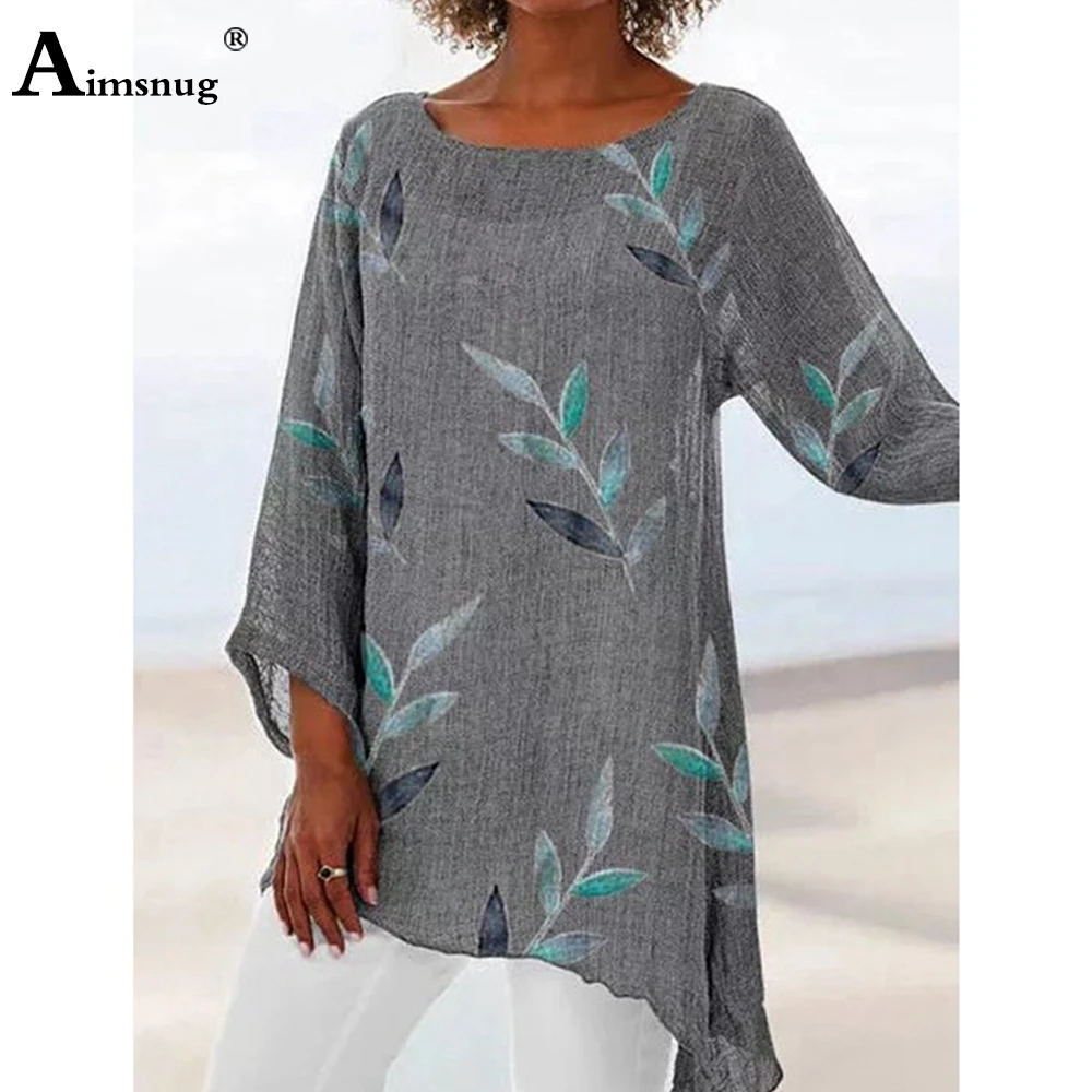 Women Casual Linen Shirts Model Flower Print Blouse Three Quarter Sleeve Basic Top Ladies Tunic blusas Femme Clothing Size S-5XL