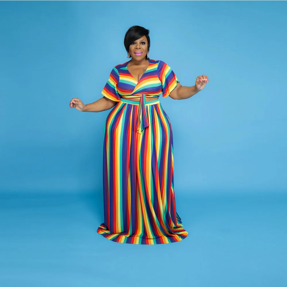 Plus Size Women's Suits 2023 Rainbow Stripe Large Size Suit New Trend Short Sleeve Sexy Suit Fashion Casual Female Clothes