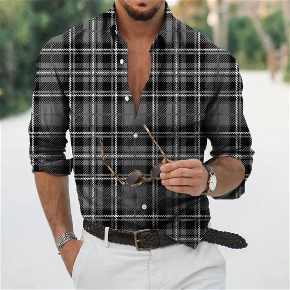 

Fashion Lattice Print 3d Digital Printing Men's Shirts 2022 Autumn New Casual Long Sleeve Turndown Collar Tops for Men Clothes