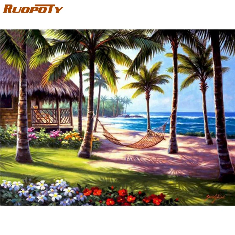 

RUOPOTY Oil Painting By Numbers Seascape Hand Painted Wall Art Unique Gift Drawing By Numbers Trees Children's Room Decor