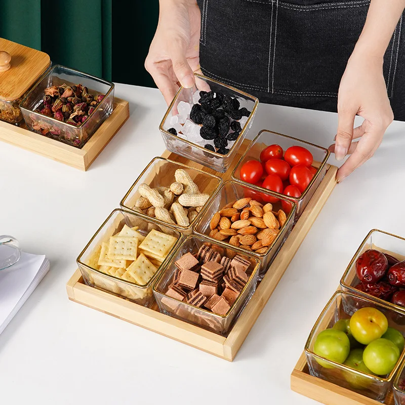 

Creative Grid Bamboo Glass Fruit Platter Home Candy Chocolate Storage Tray Kitchen Seasoning Box Glass Container Dessert Plate