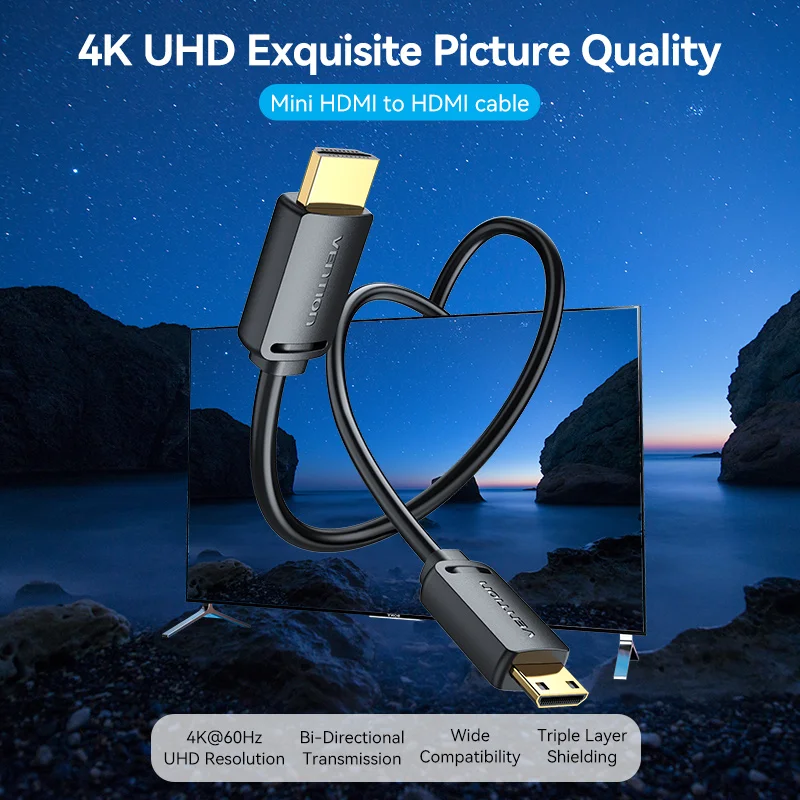 Фото Кабель Vention MINI HDMI-HDMI 2.0 «папа-папа» 4K 60HZ HD-адаптер-конвертер для видеокамеры Raspberry Pi ZeroW, ноутбука, HDMI Mini №2
