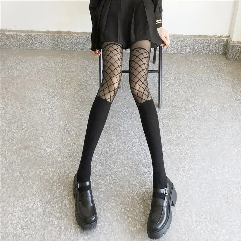 

Women Goth Black Sheer Pantyhose Mesh Grid Fishnet Print Stitching Jacquard Tattoo Tights Fake Thigh Thigh Stockings