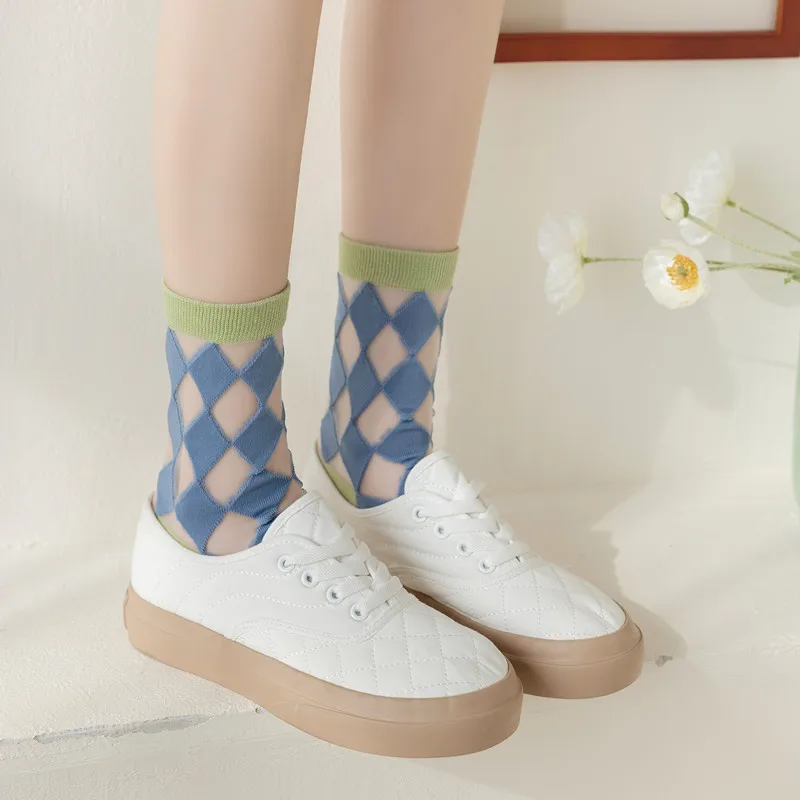 

Korean Style Plaid Harajuku Women's Socks Crystal Silk Transparent Crew Socks Lolita Cute Summer Ultra Thin Breathable Long Sock