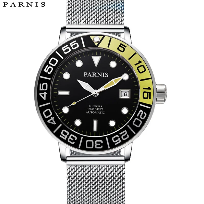 

Fashion Parnis 42mm Silver Case Men Automatic Mechanical Watch Calendar Sapphire Crystal Men's Sports Watches relogios masculino