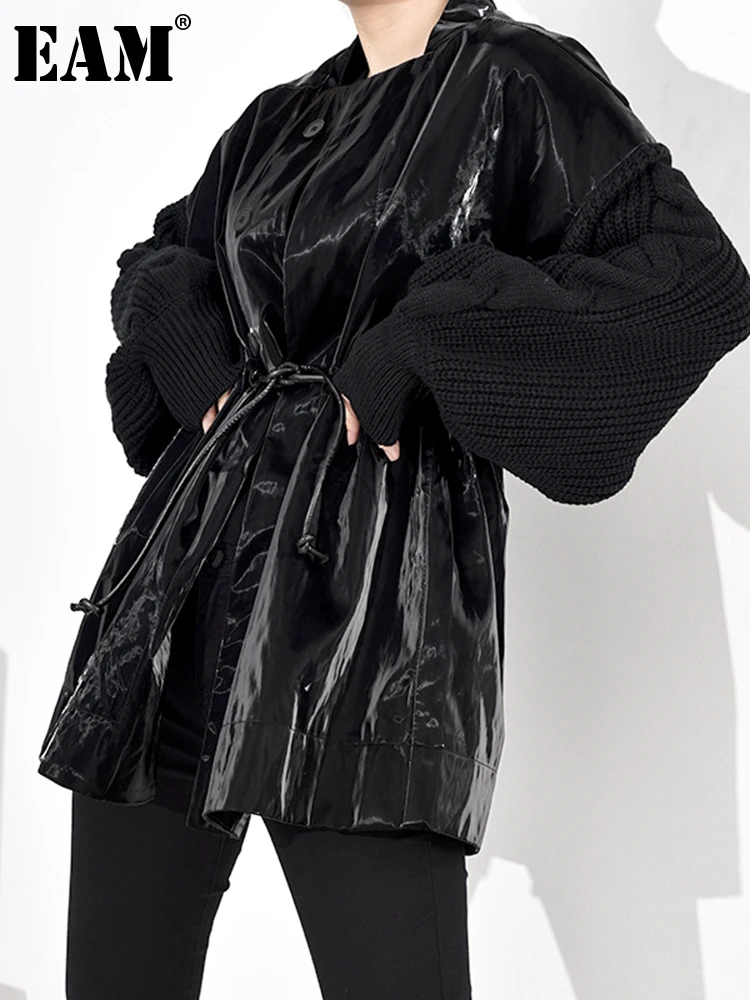 

[EAM] Loose Fit Knitting Drawstring Split Big Size Jacket New Stand Collar Long Sleeve Women Coat Fashion Spring 2022 WB67801
