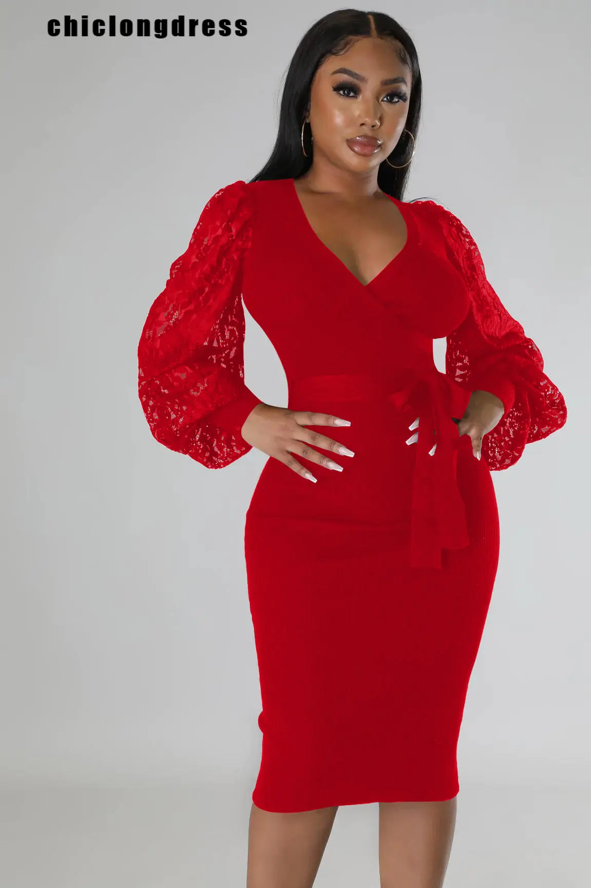 

Autumn Sexy Slim Party Dress Women Fashion Elegant Solid V-neck Lace Long-sleeved Tight Party Dress Women
