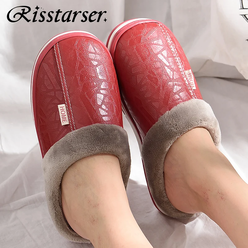 PU Leather Home Slippers For Women 2022 Waterproof Plush Soft Warm Indoor Winter Man Slippers Big Size 50 Non Slip Unisex Shoes
