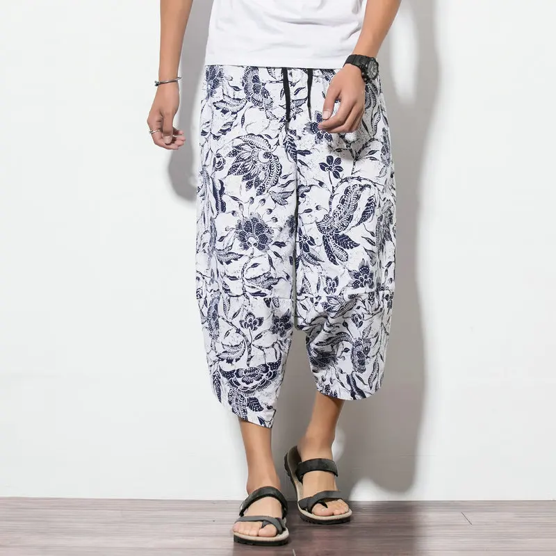 

Fashion Japanese Harajuku Style Print Wide Leg Trousers Beach Loose Shorts Men Hip Hop Dance Sport Casual Harem Pants Streetwear