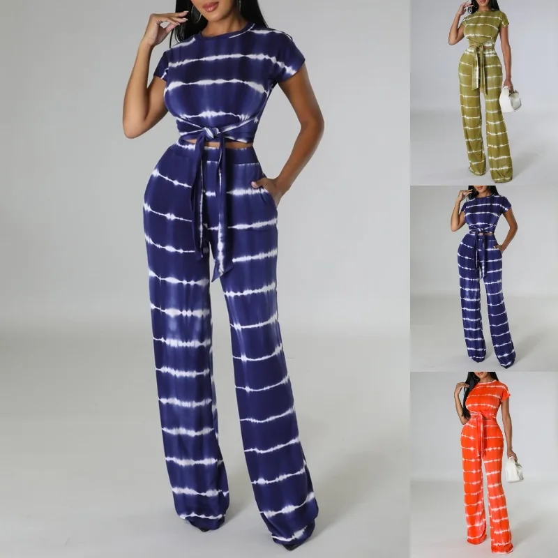 

Women's Clothing 2023 New Summer Spring Stripes Printed Two-Piece Suit Short Sleeve Top Lace-up Trousers Casual Suit
