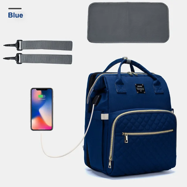 

Lequeen Diaper Bags Mummy Backpack 3 In 1 USB Stroller Bag Baby Care Crib Foldable Sleeping Bed Backpack with Hook Maternity Bag