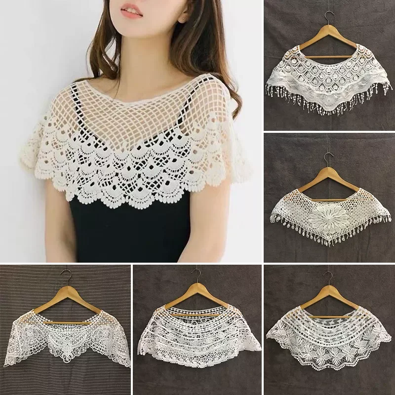 

Women Hollow Out White False Fake Collar Lolita Jacquard Floral Lace Big Shawl Decorative Short Capel Clothes Accessories