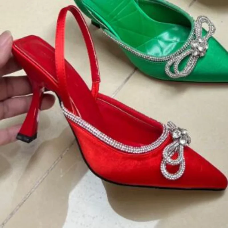 Элегантные туфли на высоком каблуке для женщин летние с бантом и бриллиантами