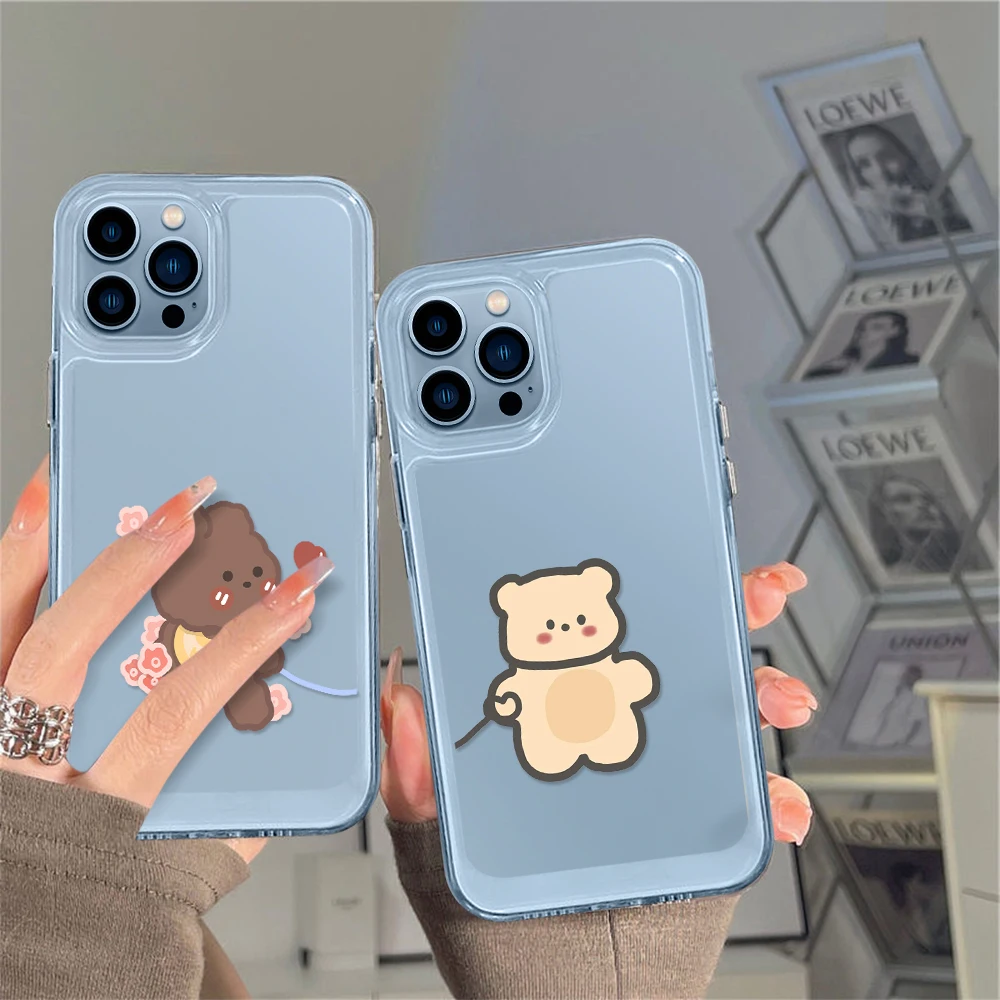 

Cartoon Cute Bear Couple Case for iPhone 14 13 12 11 Pro Max Mini XS XR X Clear Cover for iPhone14promax Capa Protection Fundas