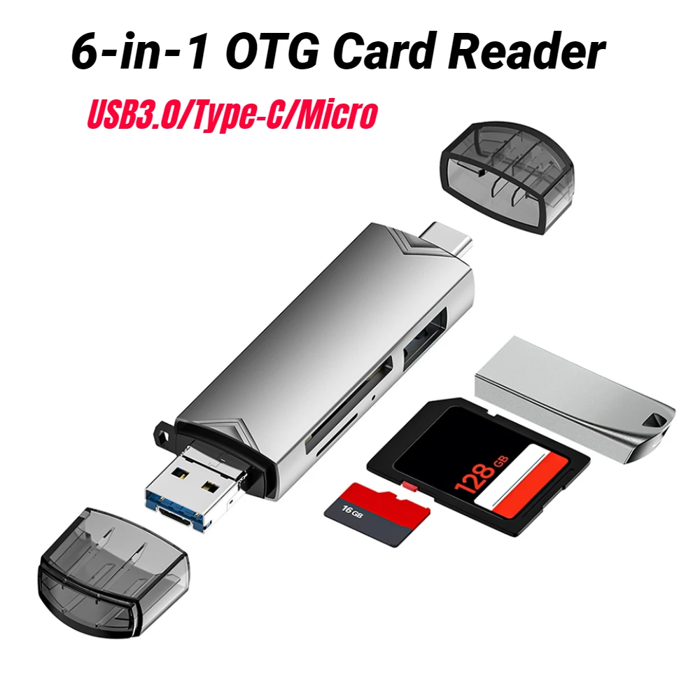 

6-in-1 SD/TF Memory Card Reader Portable USB/Type-C/Micro OTG Adapter 5 Gbps Data Transmission Flash Drive for Huawei Android