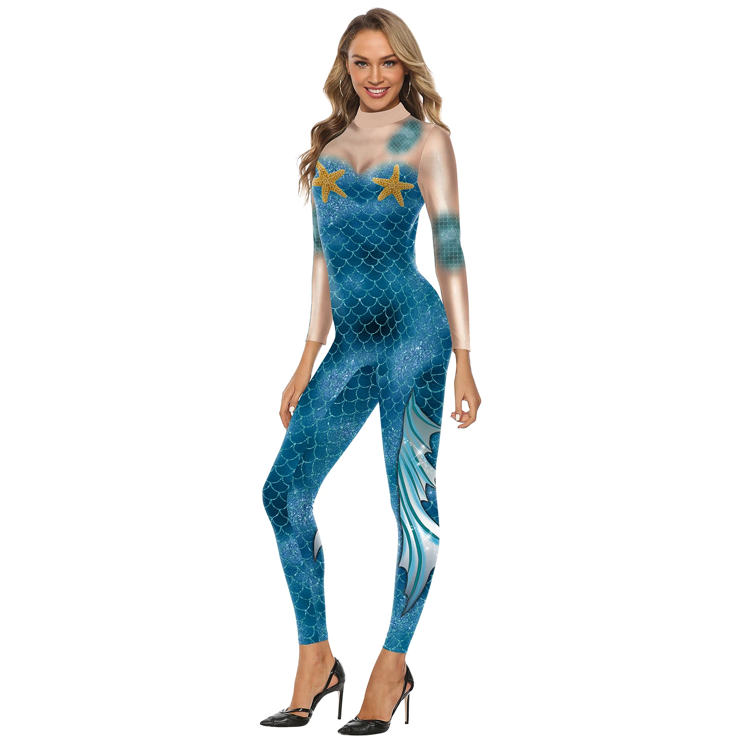 

Женское боди с синей русалочкой Zentai, костюм для косплея с 3D принтом, костюм с длинным рукавом для маскировки, праздничный купальный костюм для девочек