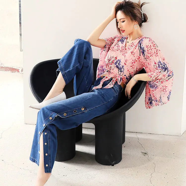 

Women's Chiffon Blouse Tops + Jeans Trousers 2022 Summer Fashion Floral Print 2 Pieces Suit Sexy Ladies Wide Legs Pant Suit Set