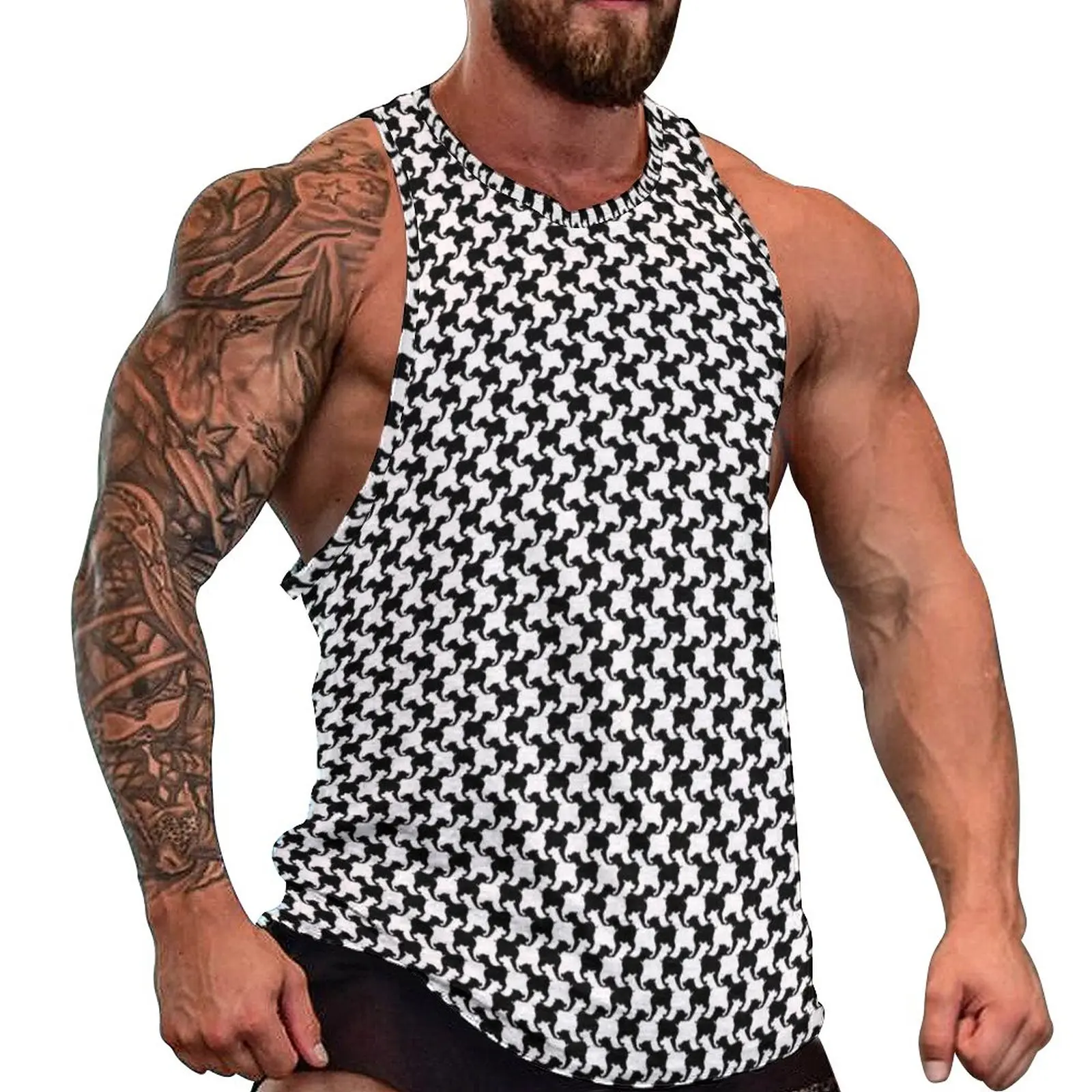 

Houndstooth With Dogs Summer Tank Top Black and White M Design Workout Tops Man Design Trendy Sleeveless Shirts Large Size