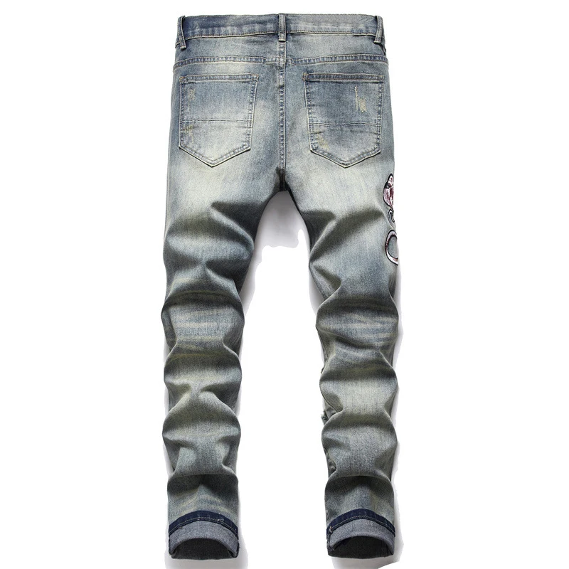 Men's Snake Embroidery Jeans Streetwear Holes Ripped Stretch Denim Pants Vintage Blue Slim Trousers