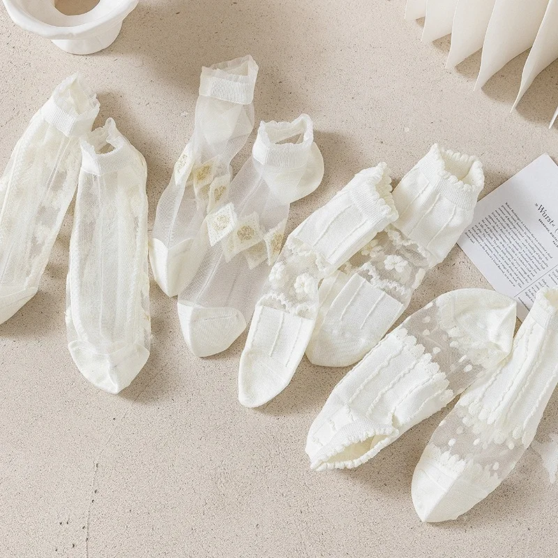 

Solid Color White Short Socks Ultra-thin Transparent Crystal Silk Socks Women Fashion Summer Japan Style Lolita Lace Ruffle Sock