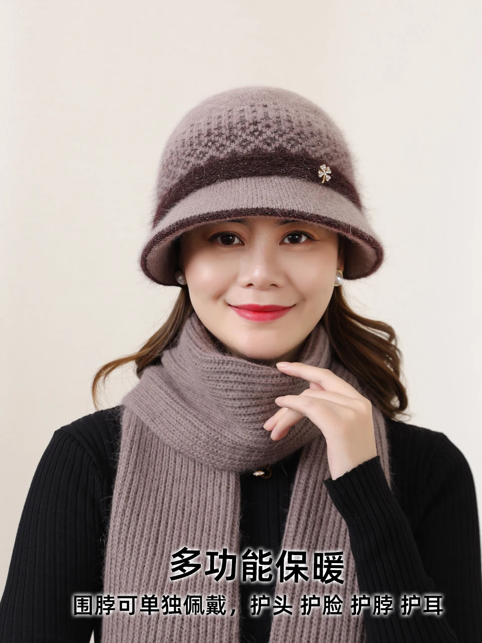 Middle-Aged and Elderly Hat Women Winter Mother Rabbit fur Fisherman Old Lady Grandma Fleece-lined Warm Woolen Cap Scarf