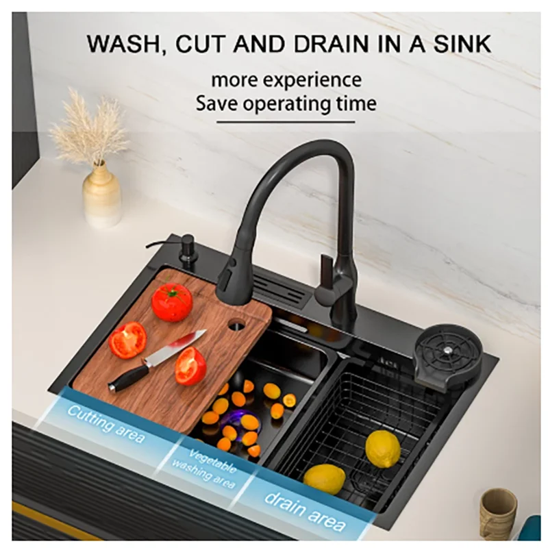 

Черная раковина из нержавеющей стали Nano Kitchen 304, зеркальная раковина, большая раковина с одним отверстием, сливные аксессуары для раковины с ...