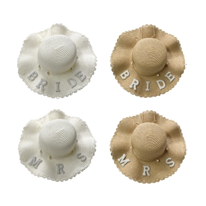

Pearl BRIDE/MRS Letter Decors Straw Weaving Hat for Summer Wedding Party