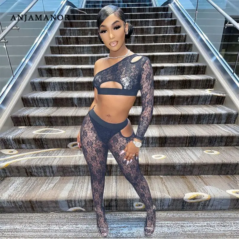 

Сексуальный кружевной сетчатый прозрачный комплект из двух предметов anjahouse, женский укороченный топ с вырезами и брюки, подходящие комплек...