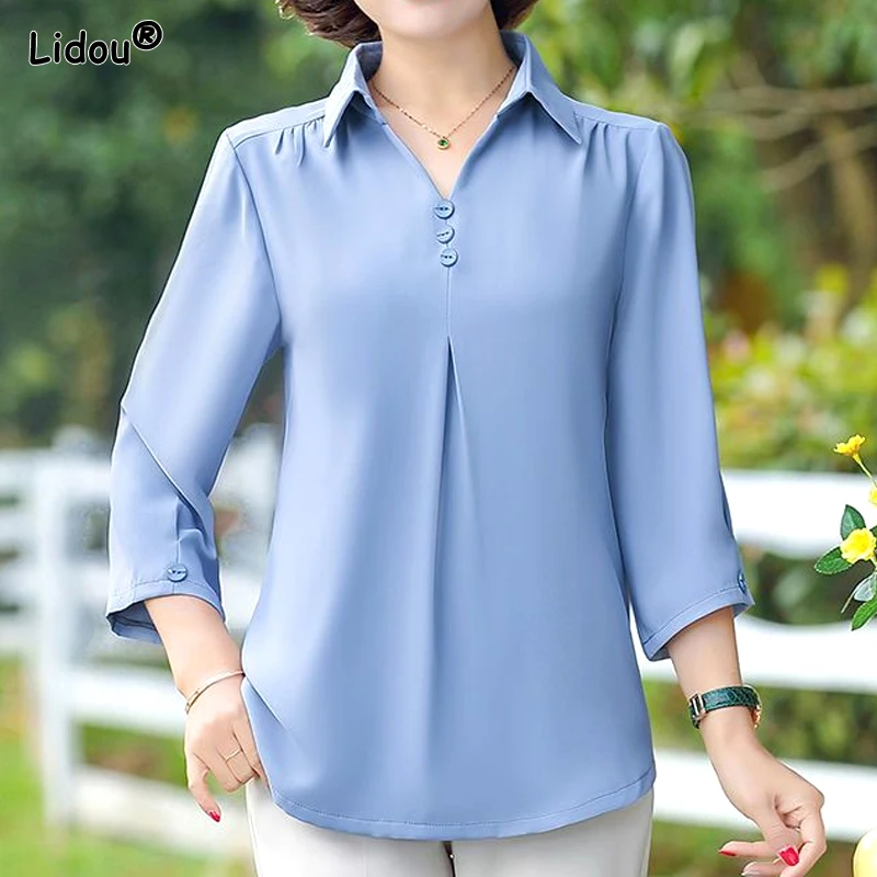 

Solid Three Quarter T-Shirts Sleeve Korean Pullovers Loose Fashion Casual Turn-down Collar Spring Summer Thin Women's Clothing